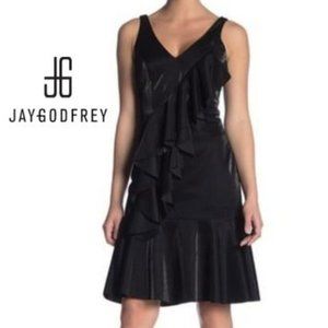 Jay Godfrey Canston Black Shimmer Crepe Ruffled Cocktail Dress